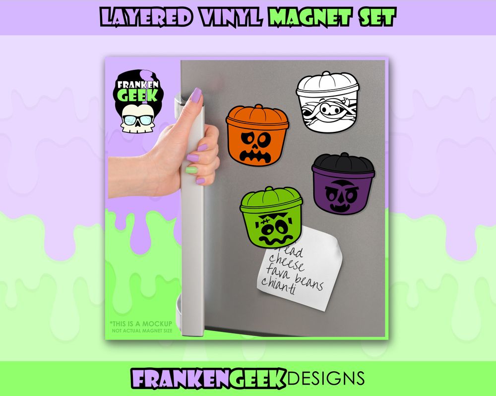 Vintage Halloween Bucket Layered Vinyl Magnet 4pc Set